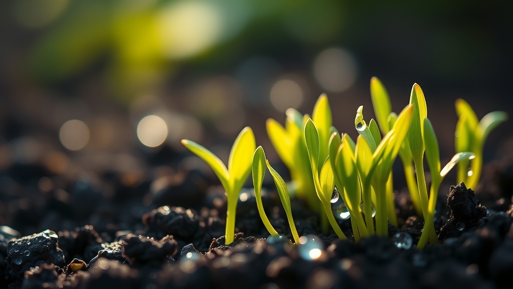 Những mầm cây xanh đang vươn lên từ mặt đất ẩm mượt 